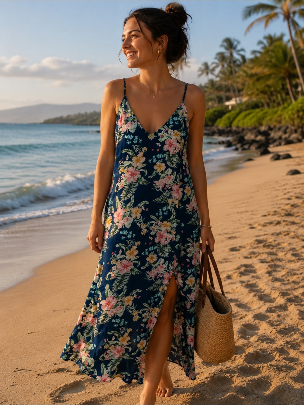 O'Neill Navy Floral Maxi Dress with Pink & Yellow Blooms